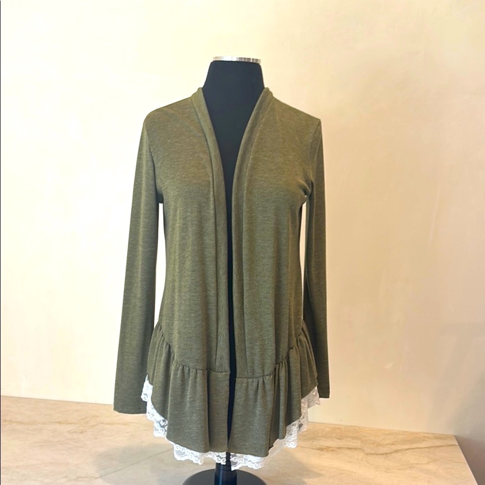 Vintage Mai Tai Brown Lace Trim Cardigan L Boho Open Front. NWOT